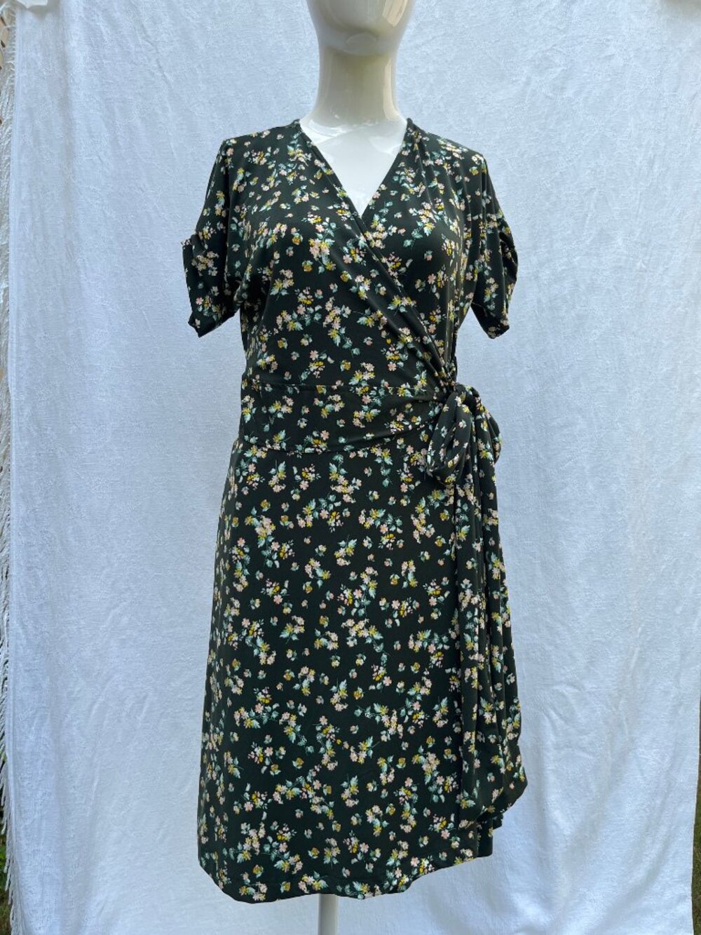 Ethically Made ByTavi Wrap Dress Dark Green + Floral Print NWT